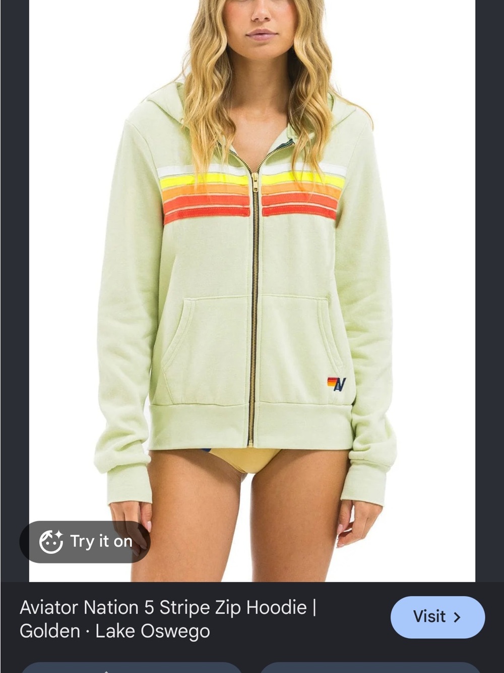 Aviator Nation Pale Green Zip Hoodie with Yellow, Orange & Red Stripes